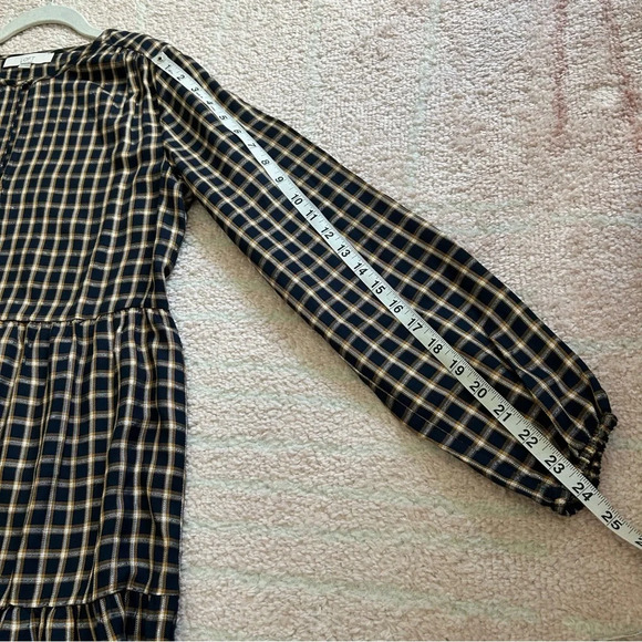 NWOT Loft Navy and Mustard Plaid Tiered Midi Dress Gold Accents Size Small Fall - Picture 9 of 9
